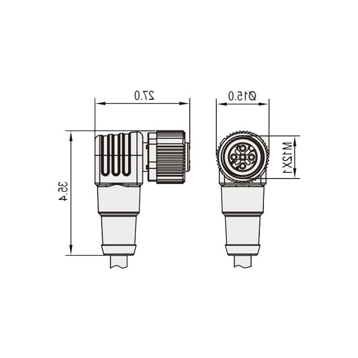 M12 3Pin、母头90°、带LED灯、IP 69K-ECOLAB、食品级、单端预铸PVC非柔性电缆、灰色护套、64E003-XXX